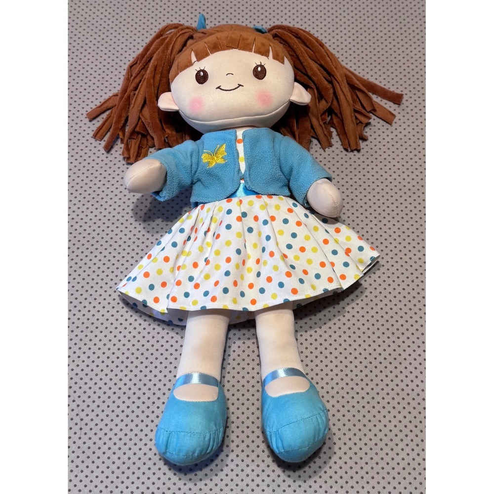 Linzy Toys Soft Rag Doll Brown Yarn Hair Polka Dot Dress Blue Butterfly Jacket